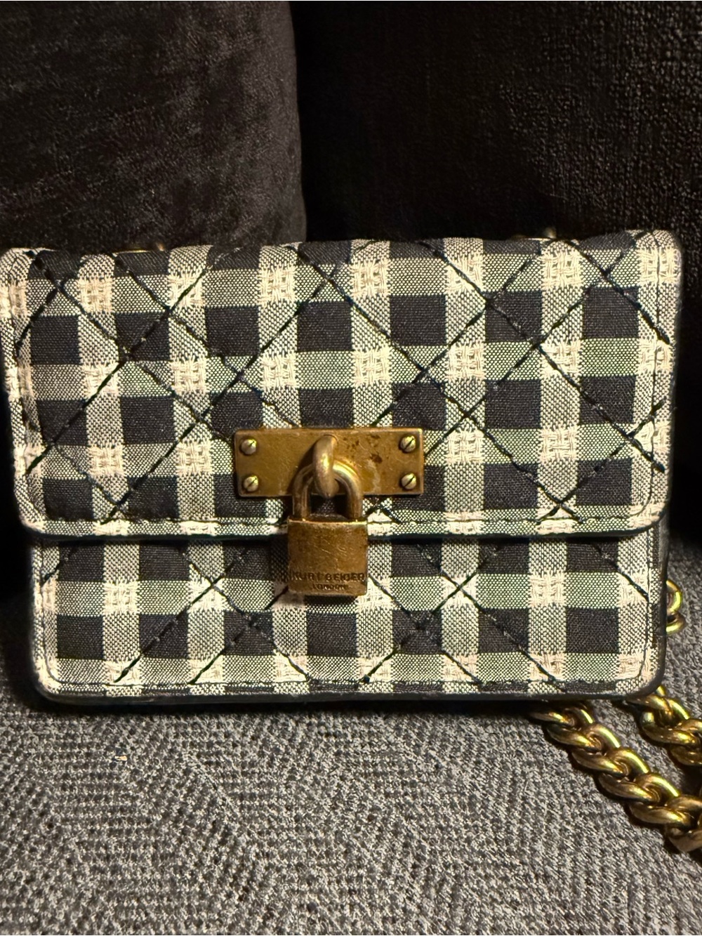 Kurt Geiger Micro Quilted Black/White Check Crossbody Bag Brass Padlock